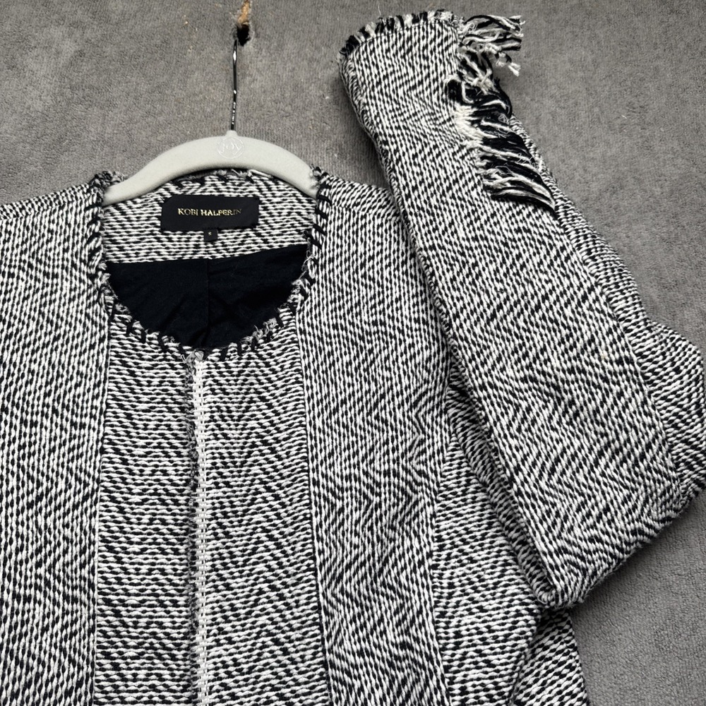 Kobi Halperin Black White Tweed Blazer Jacket Fringe‎ Trim Classic Small